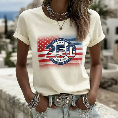 Cardydony Women's American 250th Anniversary Patriotic Print Round Neck T Shirt