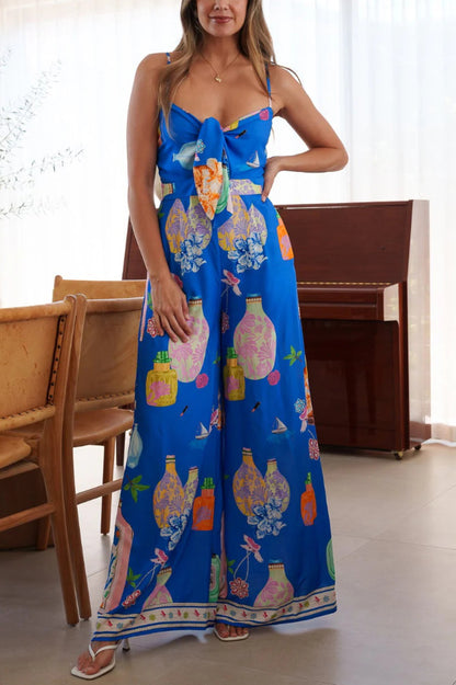 Cardydony Women's Unique Printed Sleeveless Spaghetti Strap Casual Vacation Loose Wide-Leg Jumpsuit
