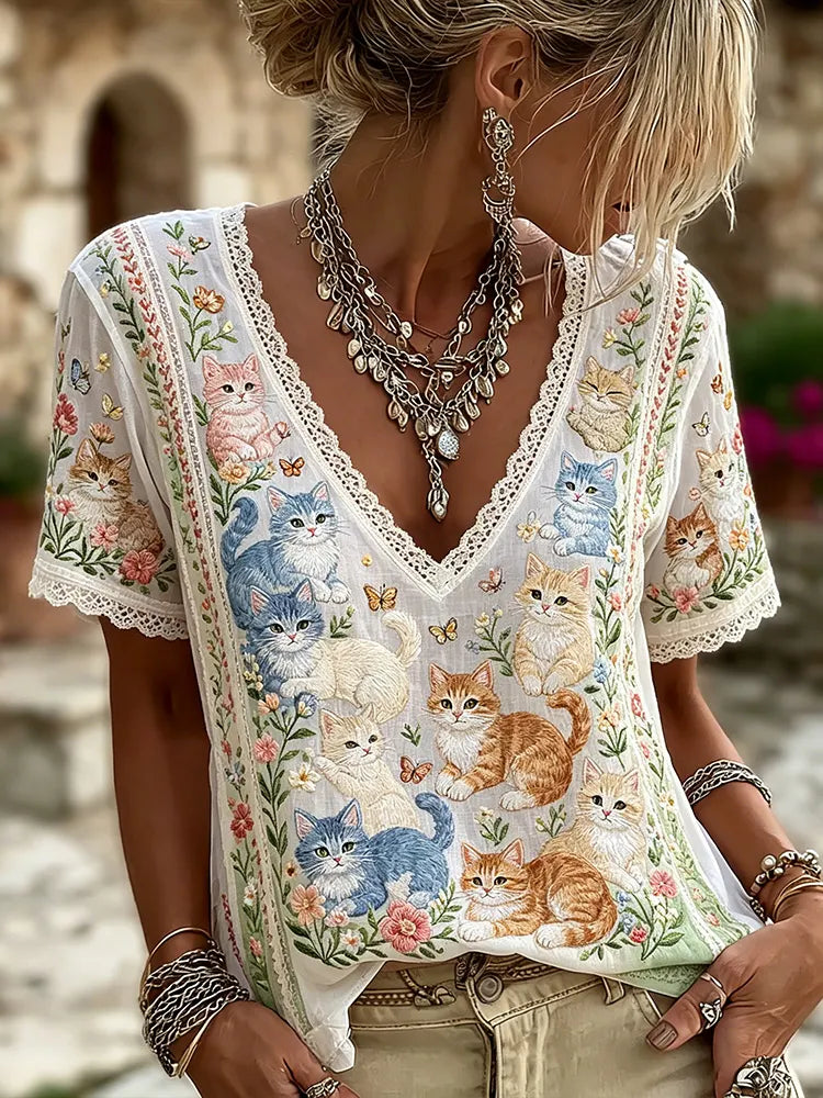 Cardydony Women's Cat And Floral Embroidery Lace Art Casual Linen V-neck Short Sleeve Top