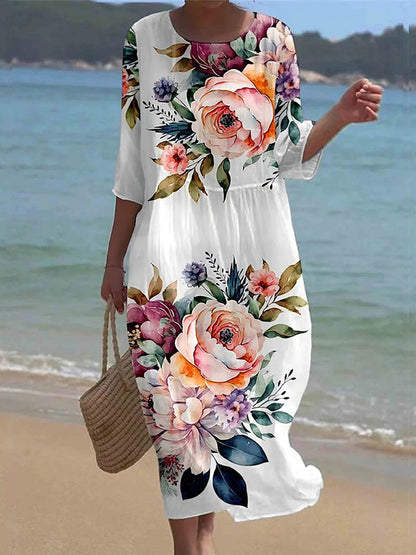 Cardydony Women's Floral Art Pattern Linen Blend Loose Three-quarter Sleeve Dress