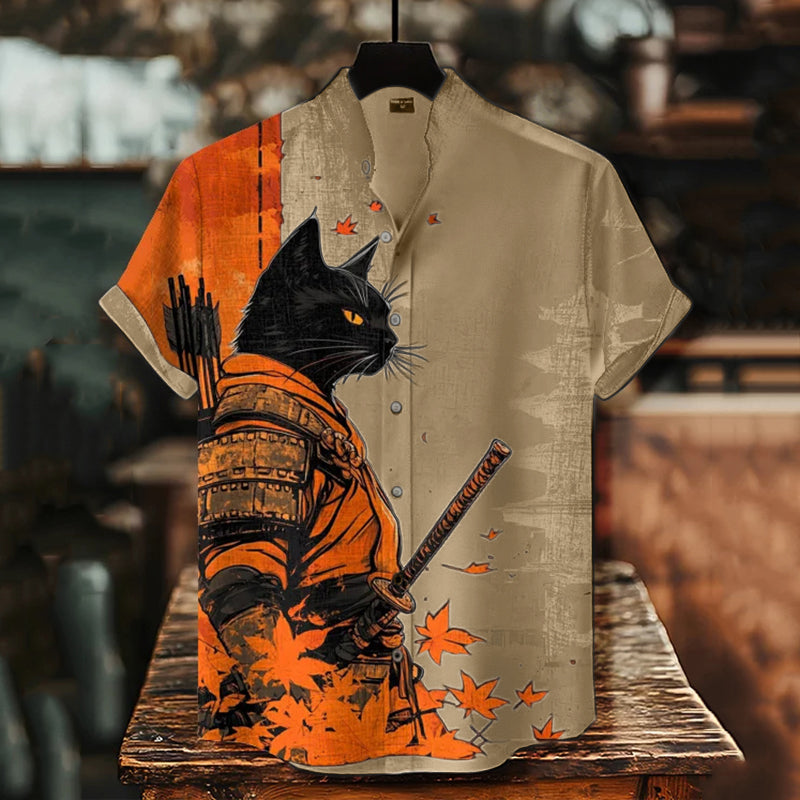 Cardydony Men's Black Cat Warrior And Maple Leaf Temple Print Casual Shirt