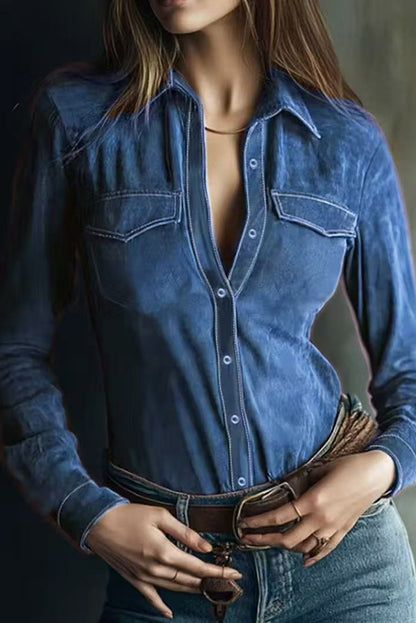 Cardydony Women's Stylish Suede Long-sleeved Button-down Casual Shirt