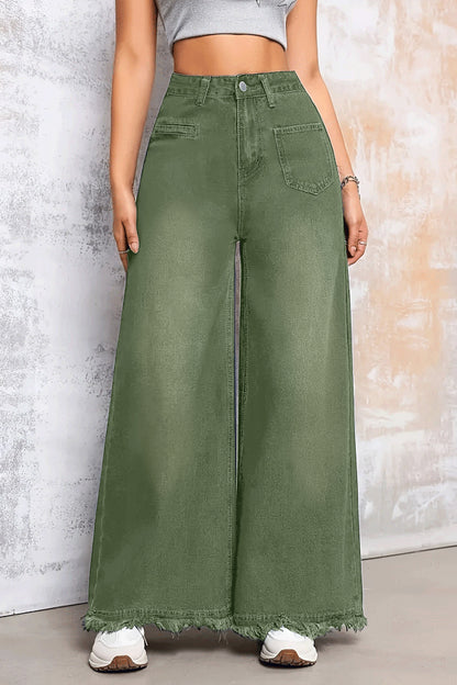Cardydony Women's Stylish Loose-fitting Frayed Hem Casual Pocket Wide-leg Jeans