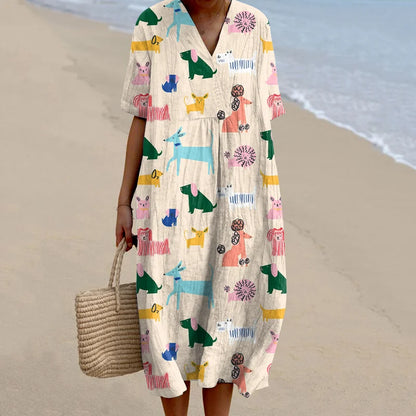Cardydony Women's Retro Cute Color Dog Art Linen Dress