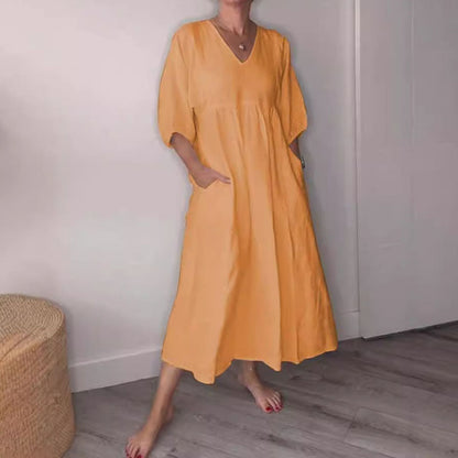 Cardydony Casual Cotton Linen Deep V-neck Pleated Solid Color Pocket Dress