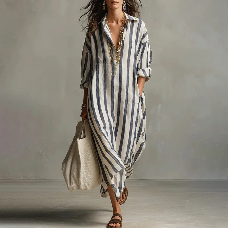 Cardydony Women's Casual Striped Cotton Linen Maxi Shirt Dress