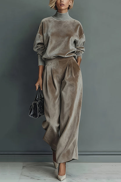 Cardydony Women's Stylish Velvet Turtleneck Long-sleeved Top and Casual Pocket Wide-leg Pants Set