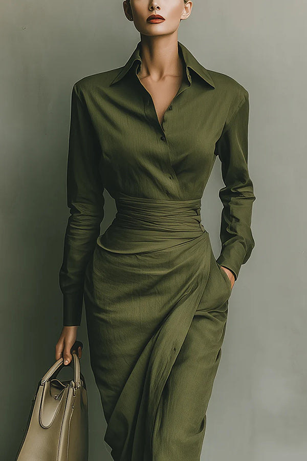 Cardydony Women's Solid Color Lapel Long Sleeve Pocket Slim-fit Asymmetrical Midi Dress