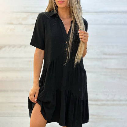 Cardydony Loose Solid Color Lapel Casual Short-sleeved Cotton Linen Dress