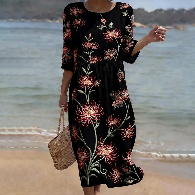 Cardydony Vintage Floral Art Pattern Linen Blend Loose Three-quarter Sleeve Dress