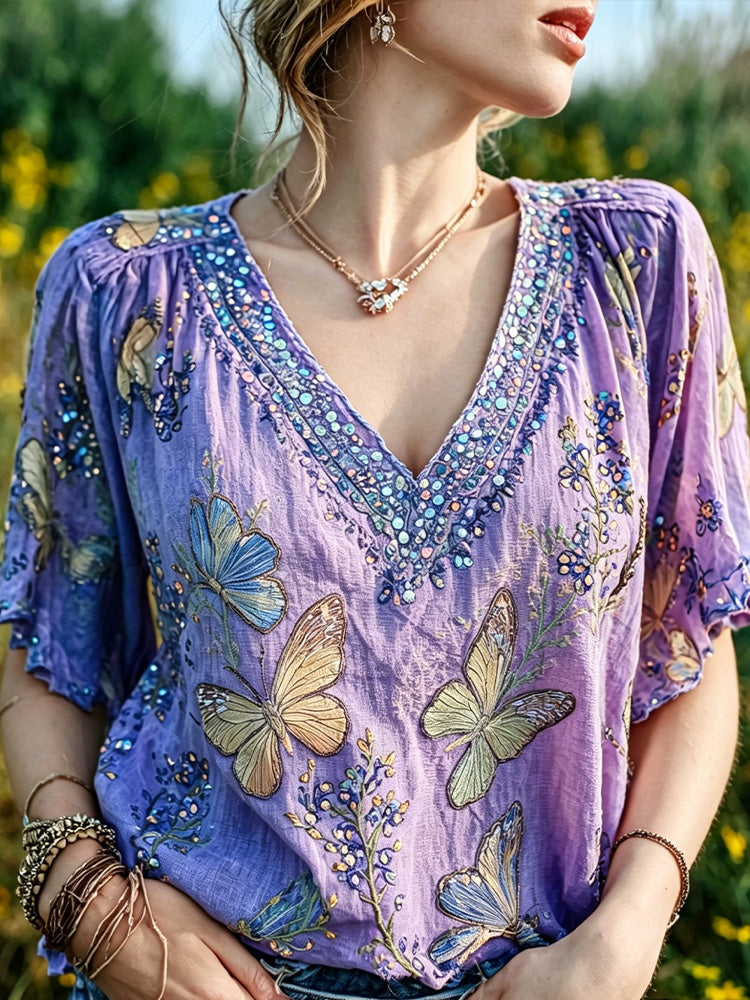 Cardydony Lavender Butterfly Embroidered Boho V-neck Top