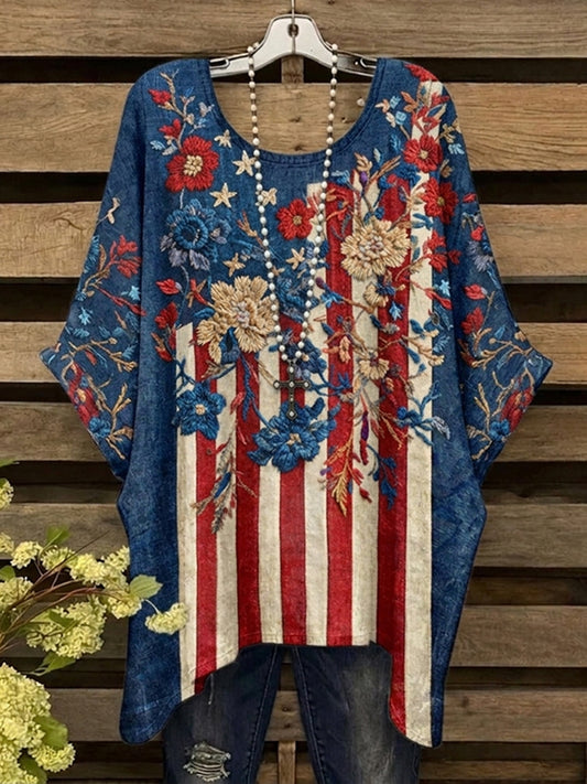 Cardydony Women's Floral Flag Stripe Art Print Casual Linen T-shirt