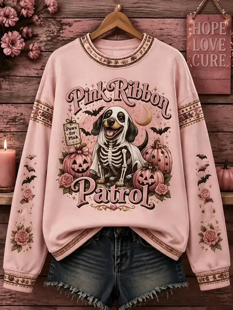 Cardydony Women's Retro Halloween Breast Cancer Awareness Puppy Letter Print Crew Neck Sweatshirt