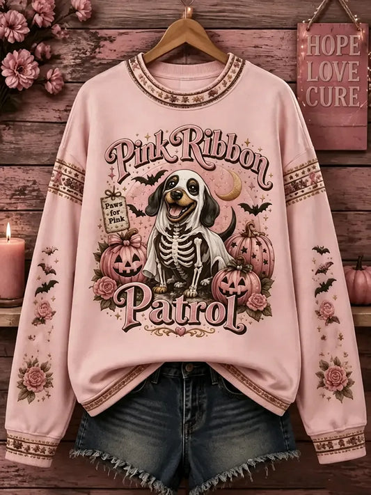 Cardydony Women's Retro Halloween Breast Cancer Awareness Puppy Letter Print Crew Neck Sweatshirt