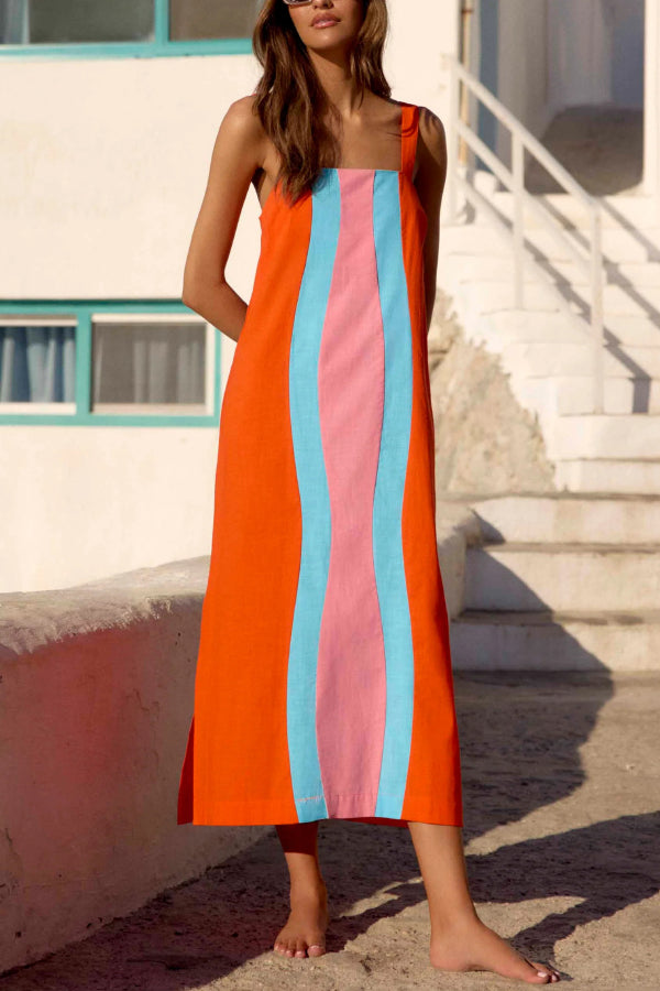 Cardydony Women's Fashionable Color-blocked Printed Square Neck Sleeveless Vacation-style Maxi Dress