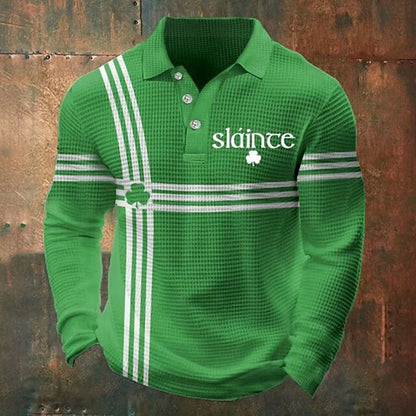 Cardydony Men's St Patrick's Day Shamrock Waffle Long Sleeve Polo Shirt