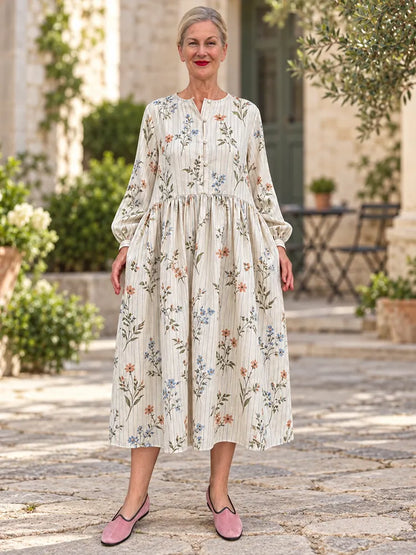 Cardydony Women's Vintage Dainty Floral Print Loose Fit Long Sleeve Gathered Waist Midi Dress