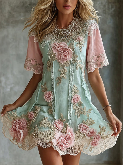 Cardydony Women's Vintage Roses Embroidered Art Linen Blend Round Neck Mini Dress