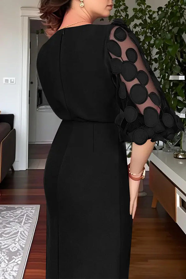 Cardydony Women's Solid Color Polka Dot Lantern Sleeve Slim High Waist Midi Dress