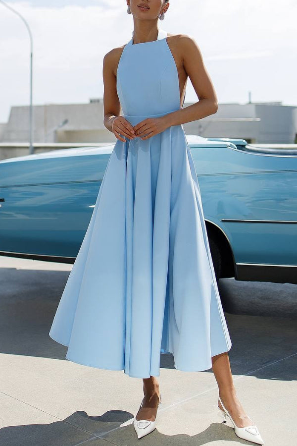 Cardydony Women's Solid Color Halter Neck Bow Tie Elegant Waist-cinching Midi Dress