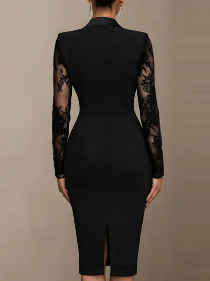 Cardydony Sophisticated Black Blazer-style Lace Midi Dress