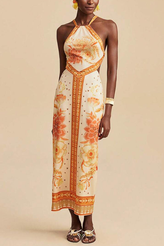 Cardydony Women's  Floral Print Sleeveless Backless Tie Slim-fit Vacation Maxi Dress