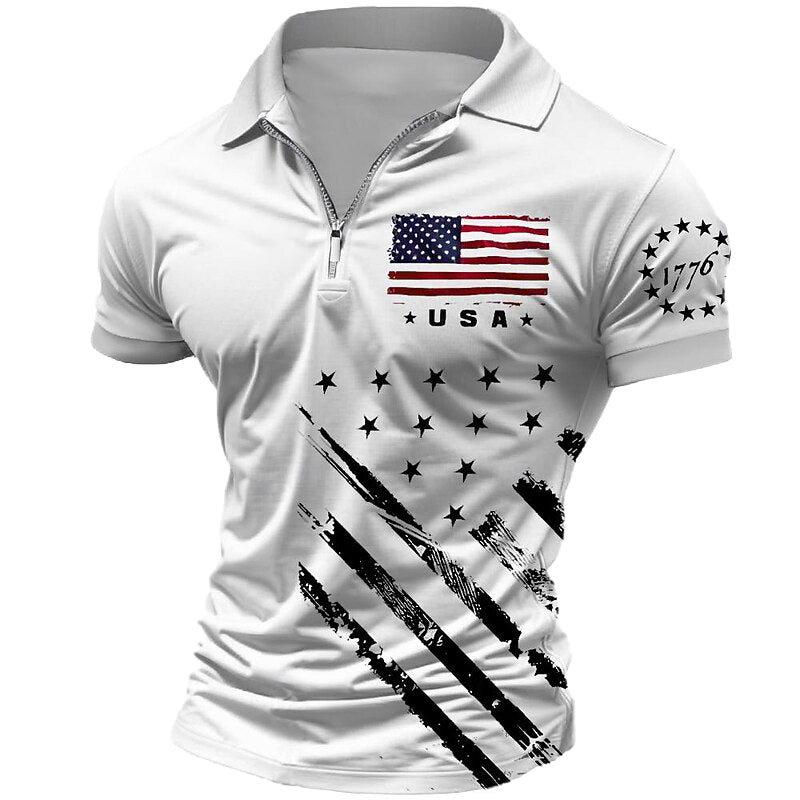 Cardydony Men's Retro American Flag Veterans Print Zipper Up Polo Shirt