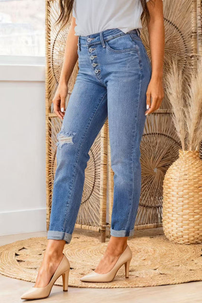 Cardydony Women's Stylish High-waisted Button-down Casual Pocket Ripped Jeans