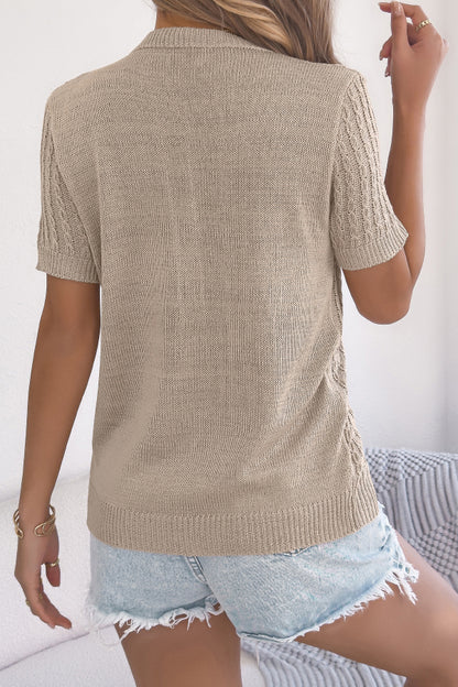 Cardydony Women's Solid Color Openwork Round Neck Short-sleeved Knit Cardigan