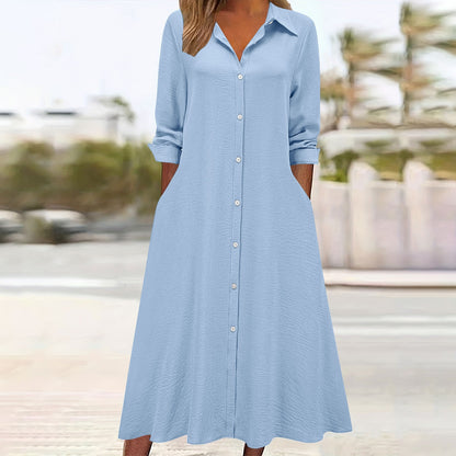 Cardydony Women's Retro Solid Color Collared Long-sleeved Pocket Shirt Dress
