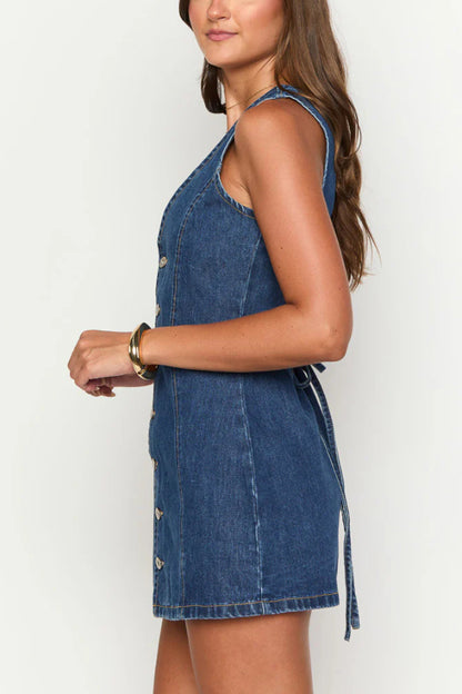 Cardydony Women's Stylish Sleeveless V-neck Buttons Tie-up Denim Mini Dress