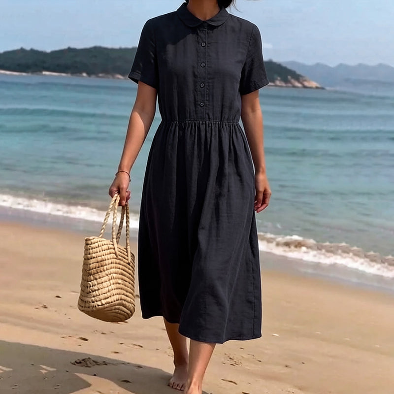 Cardydony Women's Solid Color Linen Blend Lapel Dress