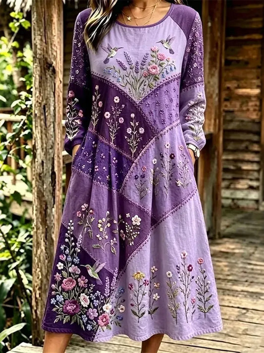 Cardydony  Retro Floral & Hummingbird Patchwork Art Casual Long-sleeved Dress