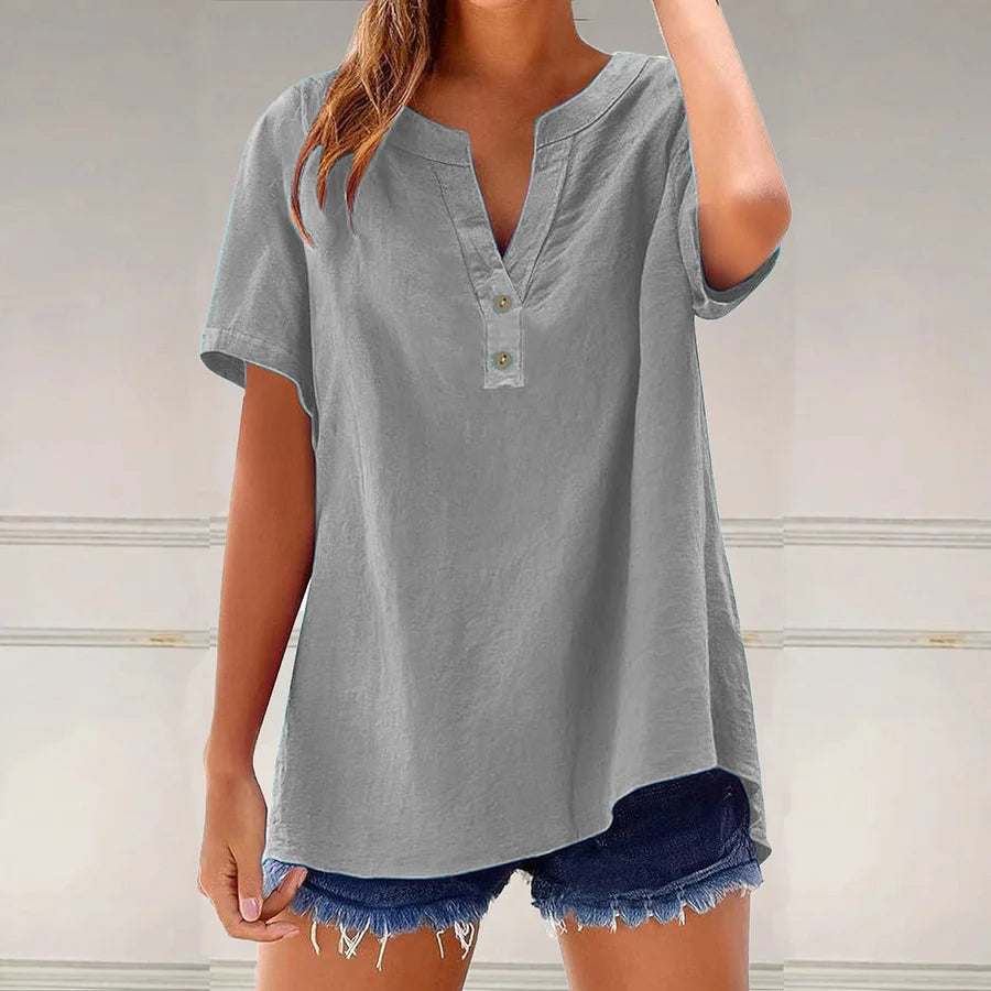 Cardydony Solid Color Linen Blended V-neck Loose Blouse