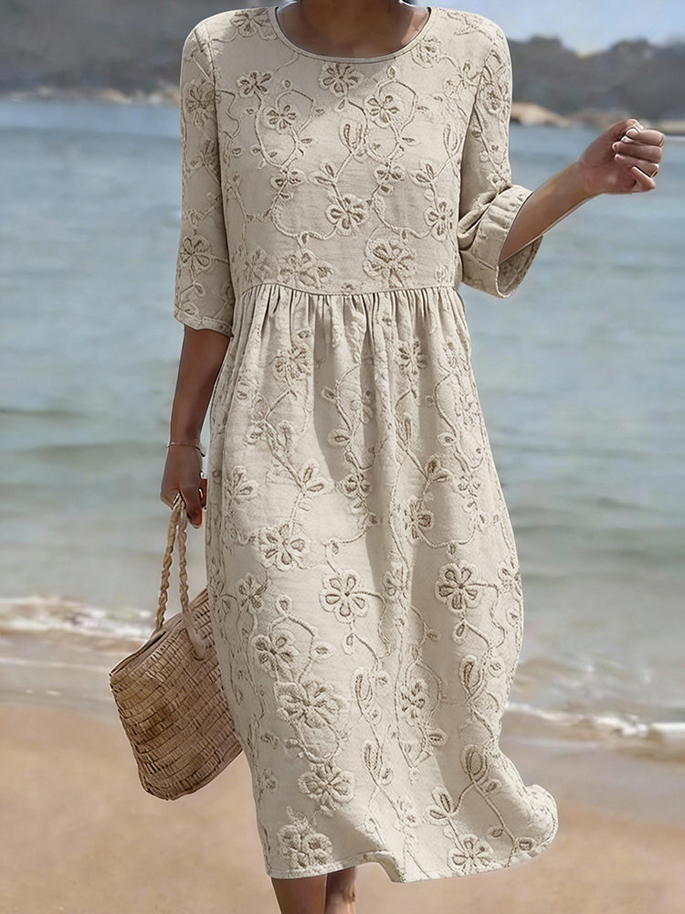 Cardydony Women's Vintage Floral Art Pattern Linen Blend Loose Three-quarter Sleeve Dress
