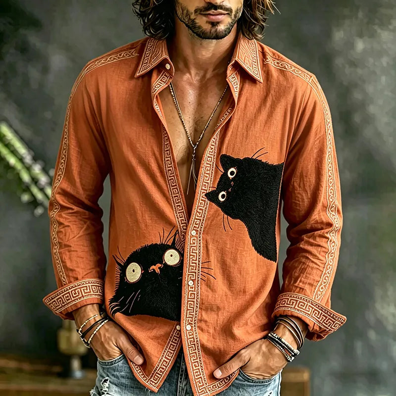 Cardydony Men's Cat Collection Cute Black Cat Inspired Art Flowy Linen Blend Shirt