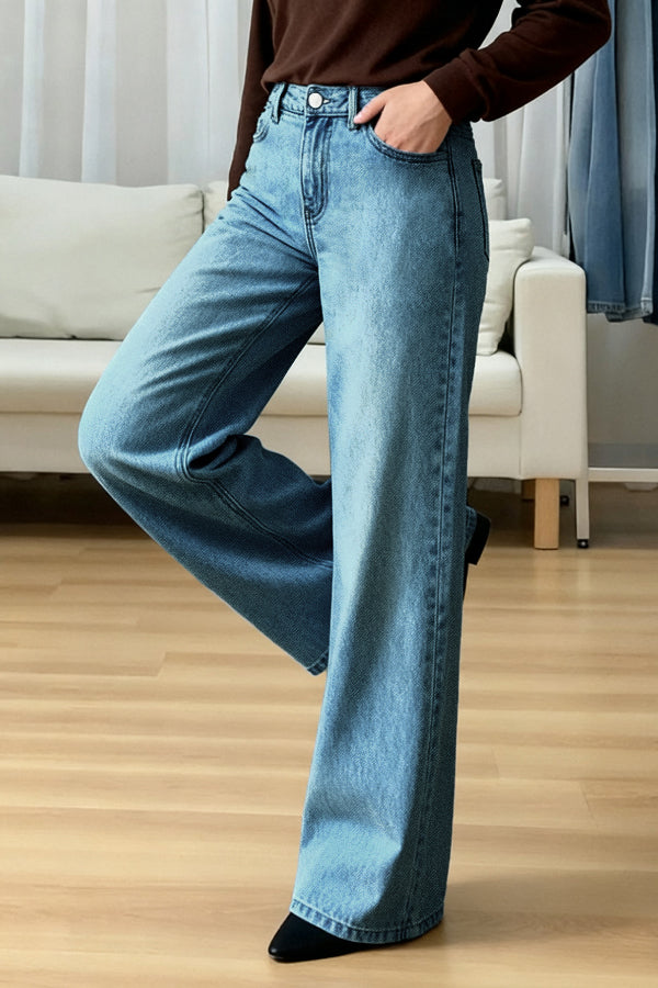 Cardydony Women's  Stylish Casual Loose Pockets Straight-leg Wide-leg Jeans
