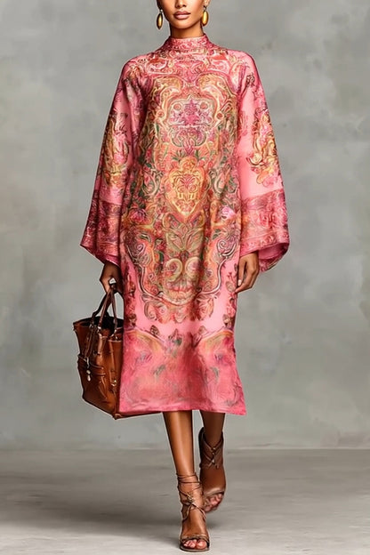 Cardydony Women's Retro Unique Print Casual Long-sleeved Loose Midi Dress