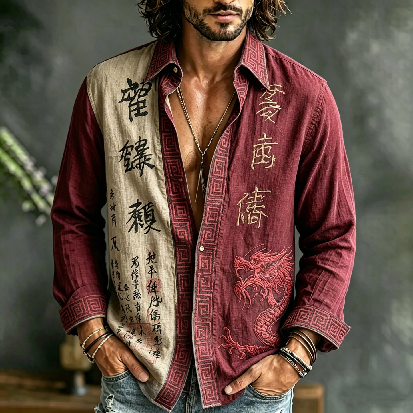 Cardydony Men's Retro Japanese Calligraphy And Dragon Art Pattern Casual Linen Blend Shirt