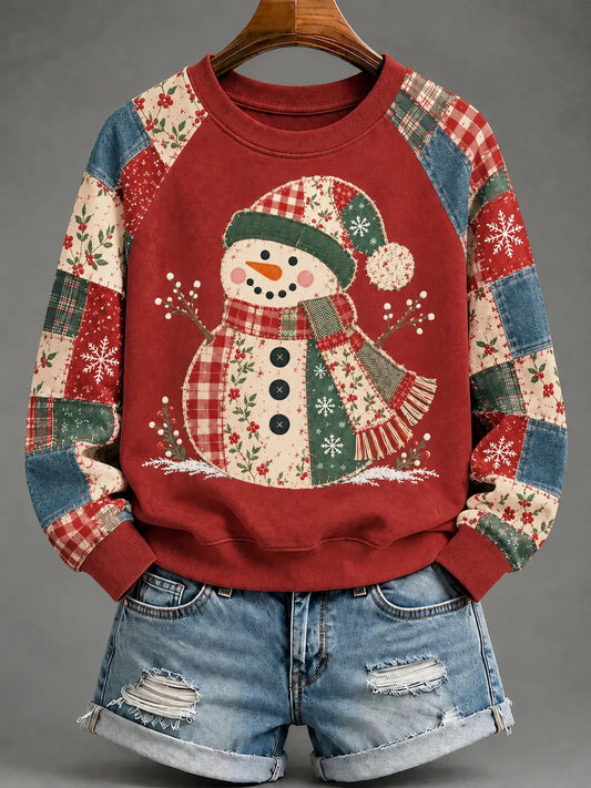 Cardydony Women's Vintage Christmas Snowman Patchwork Print Relaxed Fit Raglan Sleeve Sweatshirt