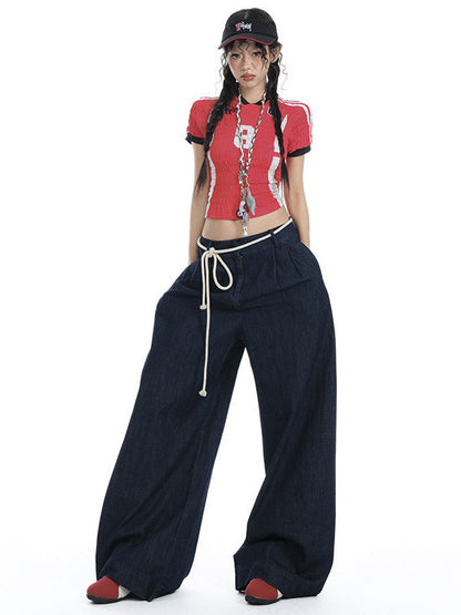 Cardydony Women's Y2K Drawstring Denim Wide Leg Jeans | Streetwear Pants Women Oversized Fit