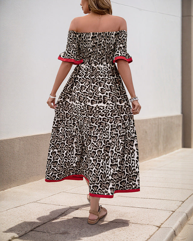 Cardydony Women's Leopard Print Off-Shoulder Maxi Dress | Smocked Boho Dress