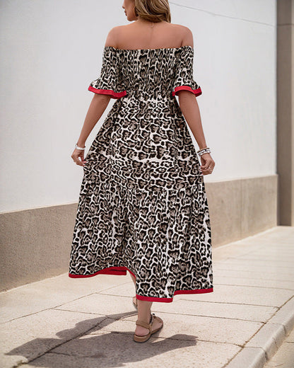 Cardydony Women's Leopard Print Off-Shoulder Maxi Dress | Smocked Boho Dress