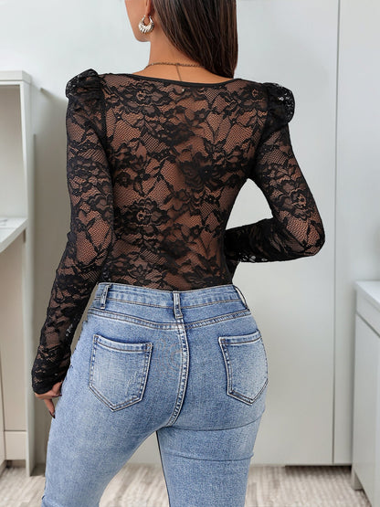 Cardydony Women's Black Lace Bodysuit - Long Sleeve Corset Style with Built-In Cups