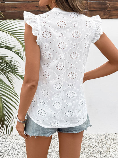 Cardydony Women's Eyelet Ruffle Sleeve Blouse | V-Neck Button Front Top