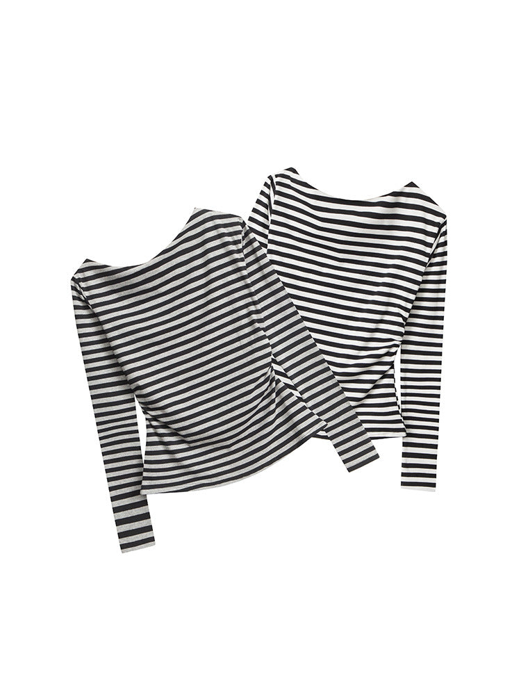 Cardydony Women's Off-Shoulder Striped Top | Cotton Long Sleeve Casual Tee