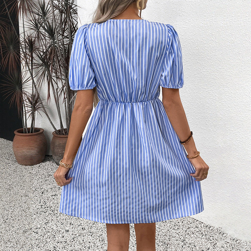 Cardydony Women's Striped Bow-Tie Mini Dress | Puff Sleeve A-Line Dress