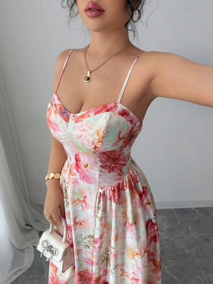 Cardydony Women's Floral Chiffon Maxi Dress for Women – Sleeveless V-Neck Corset Gown