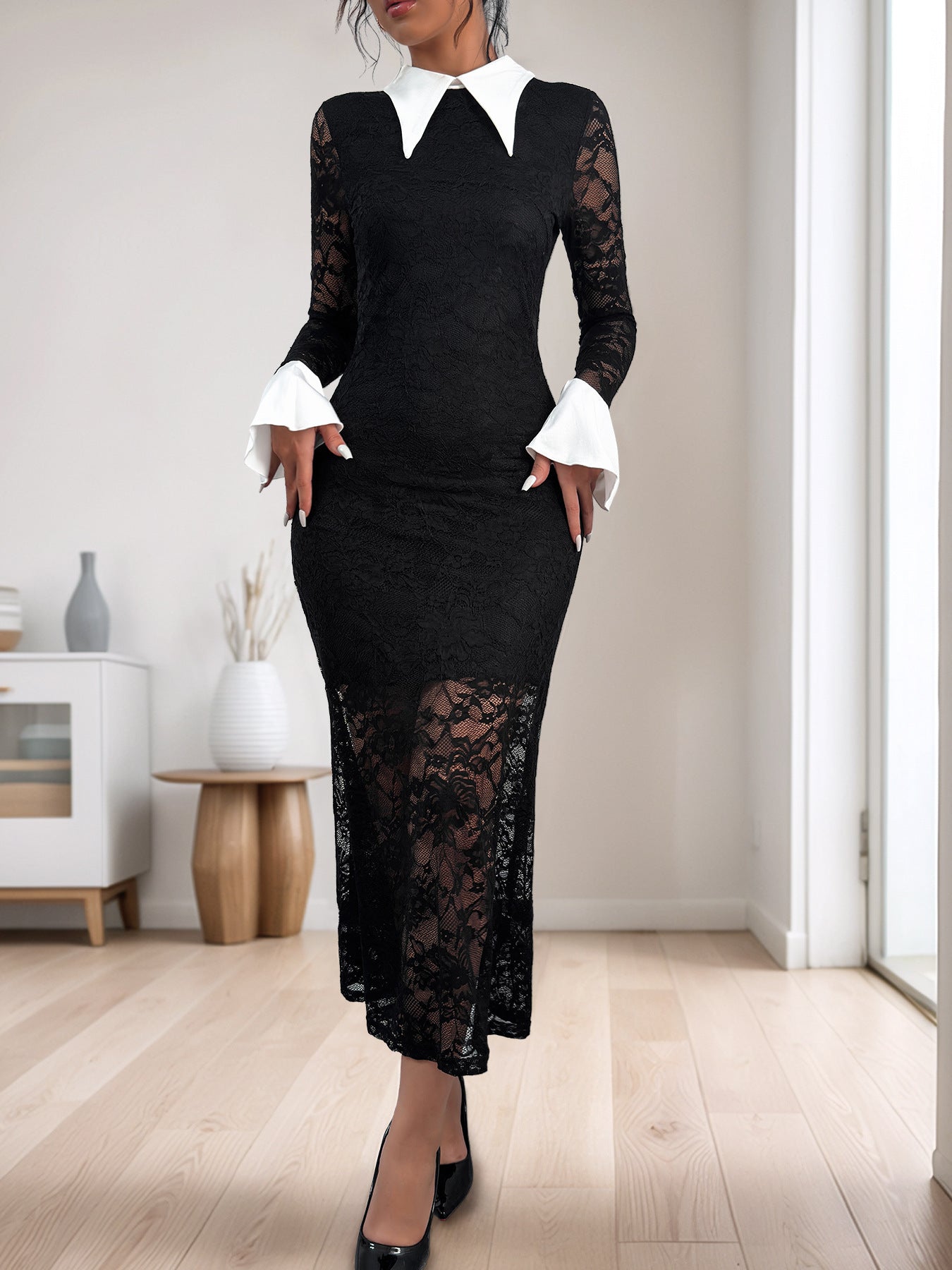 Cardydony Women's Lace Bodycon Midi Dress | Long Sleeve Collared Dress