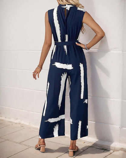 Cardydony Women's Brushstroke Print Belted Jumpsuit | Sleeveless Wide-Leg One-Piece